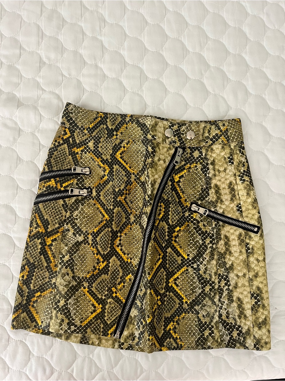 Bershka Yellow Olive Snake-Print Mini Skirt with Zippers
